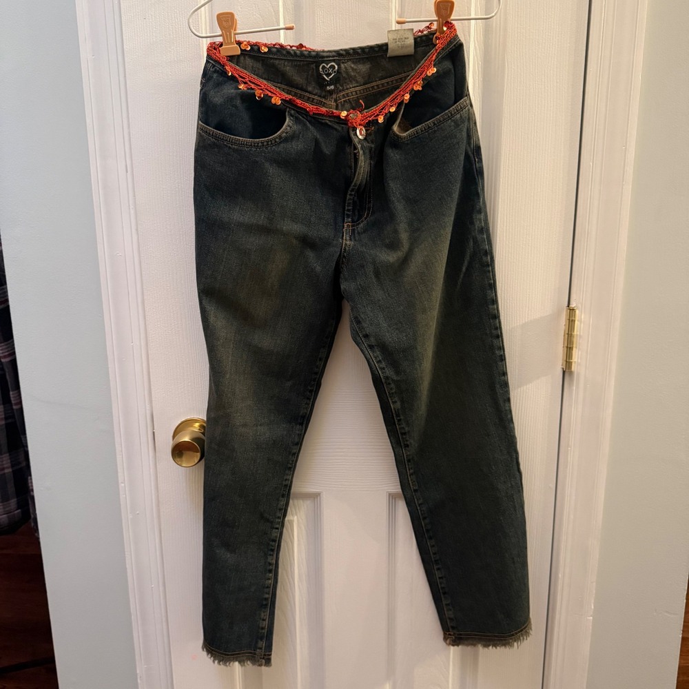 Vintage XOXO Jeans Womens 5/6 cropped  Sequin Crochet Trim Y2K Straight Leg USA